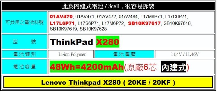 X280 原廠 電池 聯想 Lenovo 01AV484 L17M6P72 可台北拆換