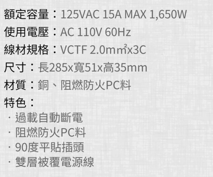 威電4.5m（15尺）過載斷電1開6座電源線組延長線CK3161固定掛孔90度平貼