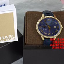 ☆優買二手精品名牌店☆ MICHAEL KORS  MK 金 藍 面 大 錶面 水鑽 日期 星期 石英 女 錶 手錶 美