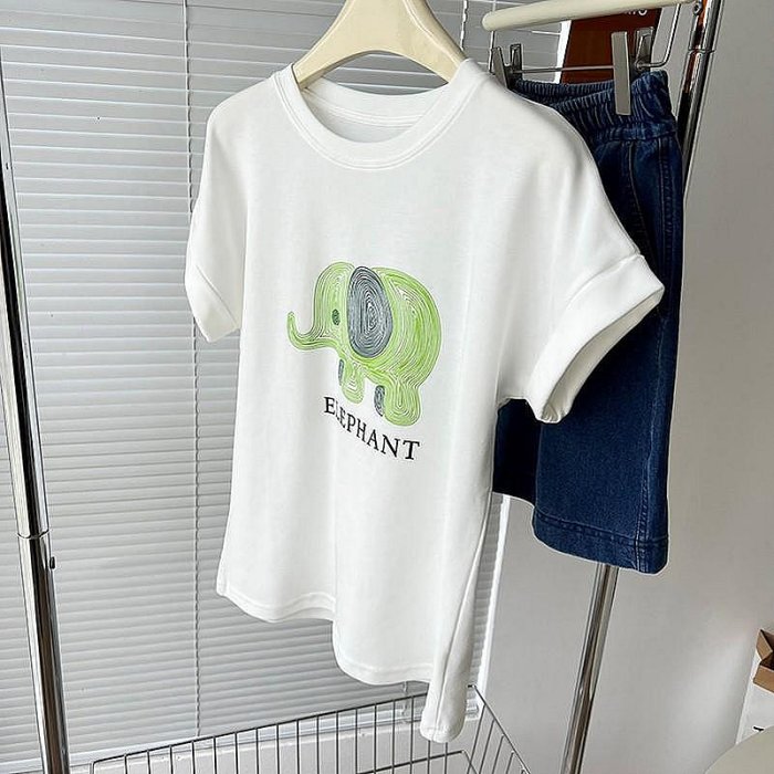 YOHO 短袖上衣 實拍可愛大象印花捲邊短袖T恤 寬鬆上衣 (JSF0412)