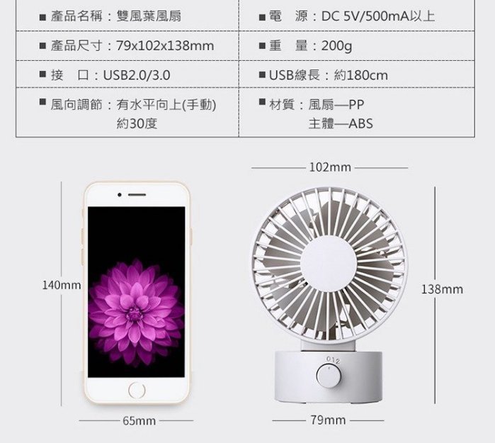 日系風 雙扇葉靜音風扇  超靜音+上下角度調整+雙葉設計 雙葉翼電扇 上下角度調整 USB桌扇