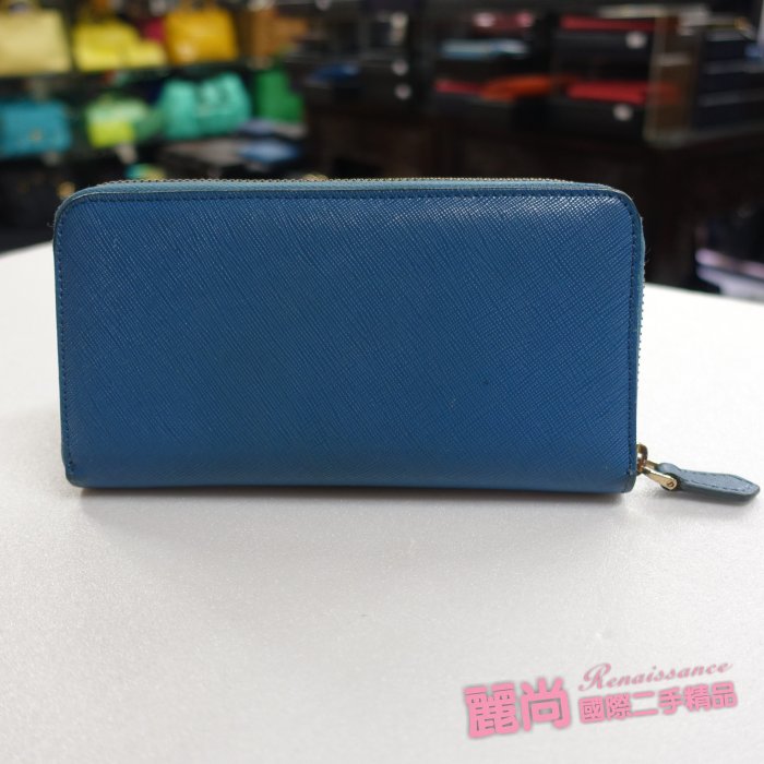 麗尚二手精品 Prada outlet 1M0506 三角金字皮標 Saffiano 土耳其藍 七成五新【現貨】