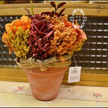 鄉村風 橘紅色玫瑰花+乾燥花小陶盆栽 小花器擺飾品小品盆栽櫥窗陳列拍照道具陽台電視櫃浴室廁所佈置【歐舍家飾】