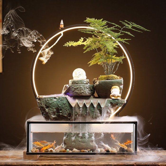 【熱賣精選】陶瓷假山流水玻璃魚缸創意擺件客廳辦公室桌面循環水生財喬遷禮品