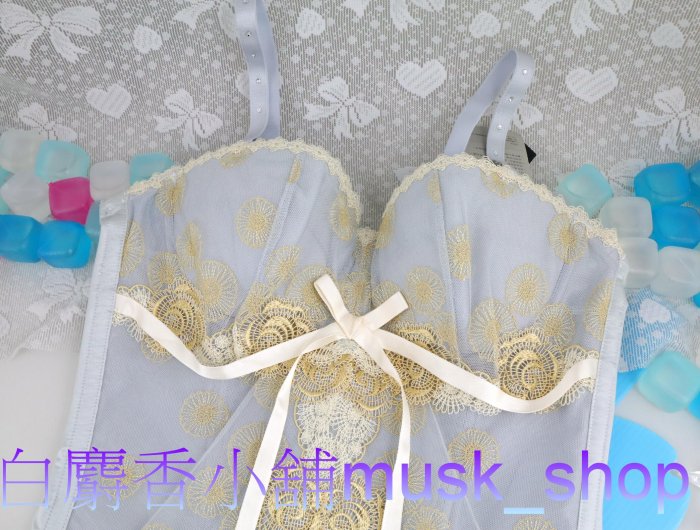 尺寸34D=75D-灰色金黃薔薇蒲公英刺繡蕾絲晶鑽馬甲-SB6846＊白麝香小舖＊全新華歌爾Salute莎露內衣