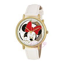 ♥小花花日本精品♥ 迪士尼 Minnie 米妮 白色 皮革 金屬邊 時尚 簍空 大臉 手錶 日本 96805701
