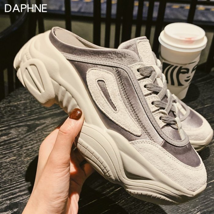現貨熱銷-Daphne/達芙妮老爹鞋女2021年新款春季厚底外穿懶人包頭半拖鞋