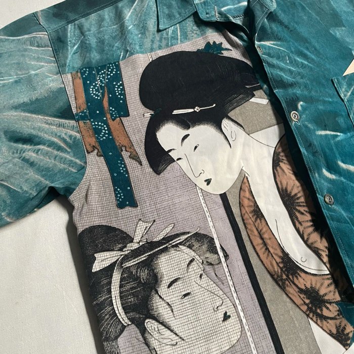 日本經典 Taneeno 喜多川歌麿 浮世繪 霞織娘雛形 滿版印花 人造絲 長袖襯衫 罩衫 vintage 古著