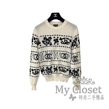 My Closet 二手名牌 CHANEL 2020 黑白色系 Cashmere 幸運草 雙C Logo 針織上衣