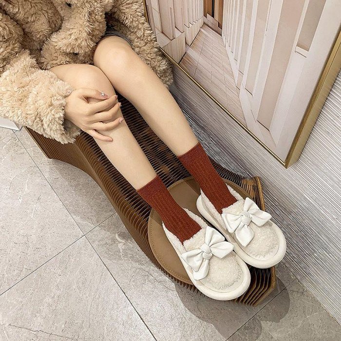 【Weiwailunbz】大尺碼女鞋包跟毛毛鞋女蝴蝶結百搭可愛少女心棉單鞋