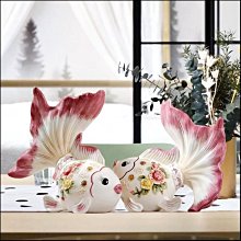 維多利亞風 陶瓷白色玫瑰花金魚擺飾品一對 粉色浪漫蕾絲風花卉年年有餘裝飾品 新婚禮品祝賀生日新居落成送禮物【歐舍傢居】