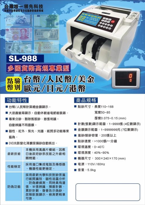 【SL-保修網】SL-988 點驗鈔機/驗鈔機/點鈔機，可驗六國幣別、台幣可面額計算總金額