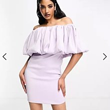 (嫻嫻屋) 英國ASOS-True Violet時尚優雅名媛紫色立體荷葉摺邊一字領洋裝禮服 EF23