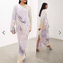 (嫻嫻屋) 英國ASOS-高貴時尚柔和印花亮片圓領長袖鈕釦背露美背長裙洋裝禮服AB24