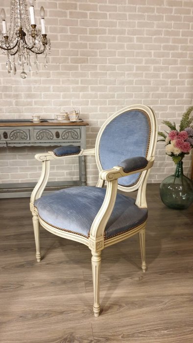 【卡卡頌  歐洲古董】法國老件 刷白 水藍  路易十六  古董椅 洛可可 主人椅 仕女椅  ch0421 ✬