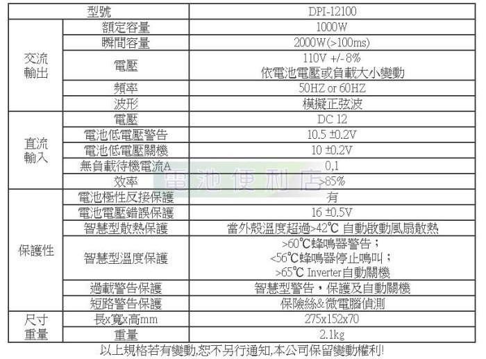 [電池便利店]變電家 1000W DPI-12100 12V轉110V 電源轉換器 可訂製 24V 220V 機型