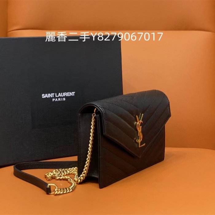 麗香二手 YSL 聖羅蘭 19CM WOC ENVELOPE粒面壓印皮革鏈條錢包 肩背包 393953