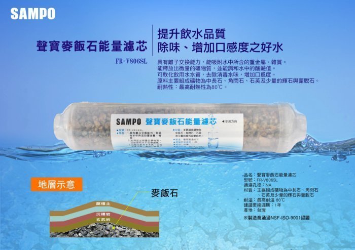 【水易購淨水一心店】 聲寶牌《SAMPO》麥飯石能量濾芯 FR-V806SL