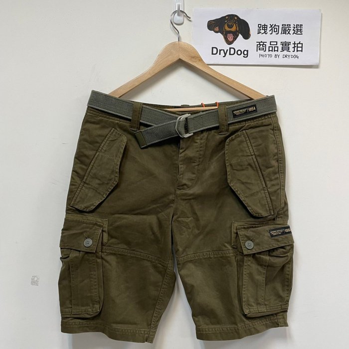 跩狗嚴選 極度乾燥 Superdry Cargo 附腰帶復古多口袋重磅純棉耐磨 短褲 工作褲 斯里蘭卡製 峽谷綠 A&F