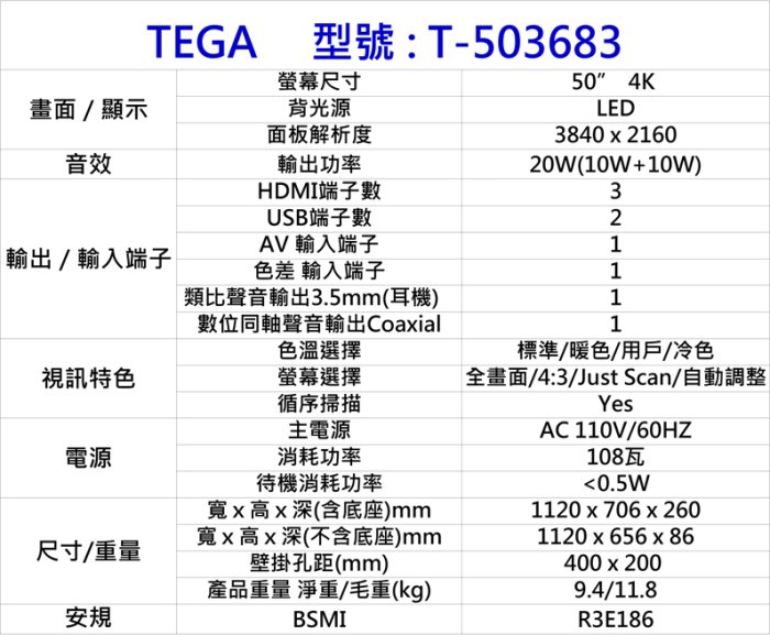 (破盤價) 全新 TEGA 50吋 4K 液晶電視顯示器 ,LED/2組HDMI/1組USB/台灣製造/50吋電視機