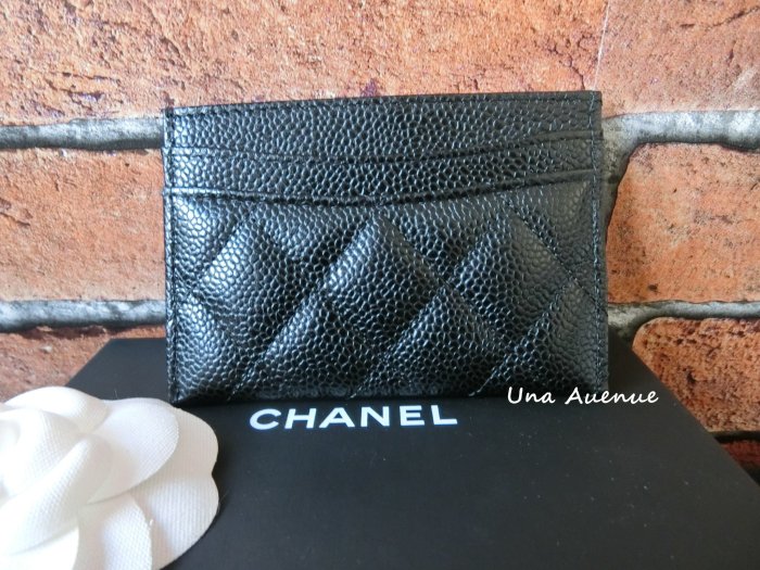 Una Avenue* 巴黎代購 Chanel A31510 黑色菱格紋 荔枝皮 名片夾 卡夾 金扣 全新