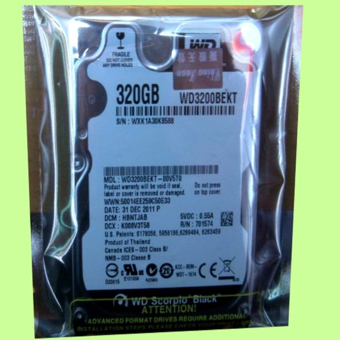 5Cgo【權宇】WD Scorpio Black 2.5吋 320GB SATA2 硬碟機 WD3200BEKT 含稅