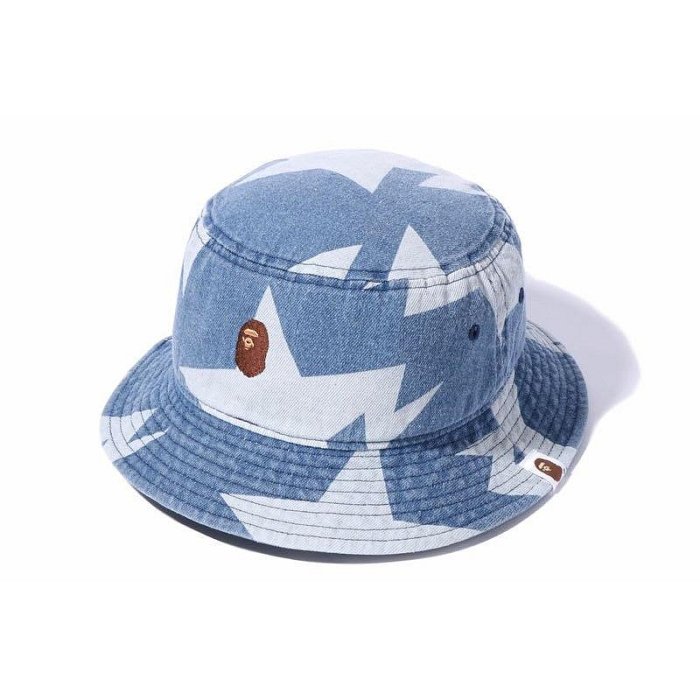 Bape STA PATTERN DENIM BUCKET HAT Indigo 猿人頭 丹寧牛仔 流星 漁夫帽