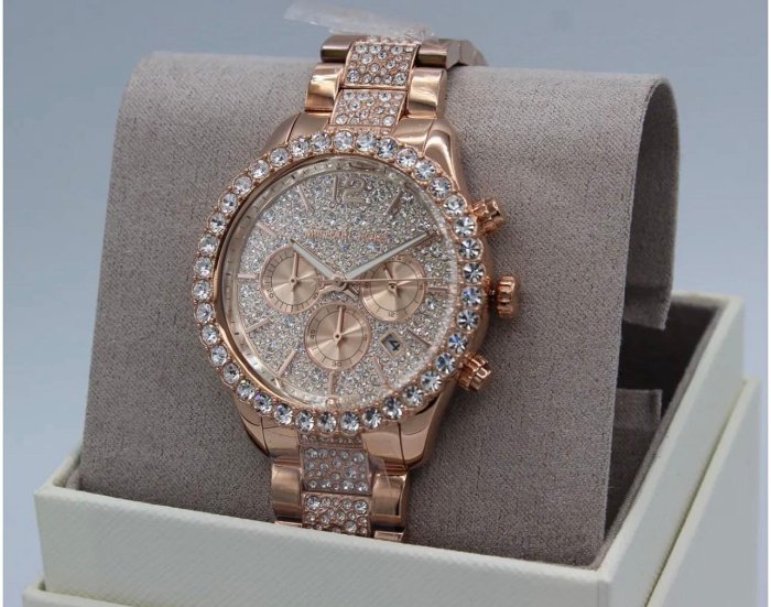 MICHAEL KORS Layton 密鑲水晶鑽錶盤 玫瑰金色不鏽鋼錶帶 石英 三眼計時 女士手錶 MK7285