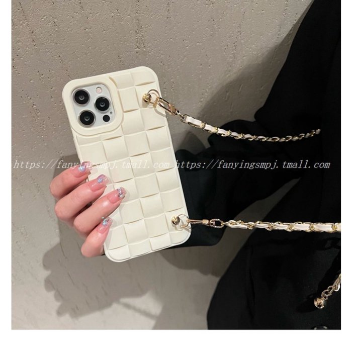韓國ins奶白色立紡織體格子斜挎金屬掛鏈iPhone14promax個性13矽膠全包防摔12蘋果11/XR/XS手機殼1