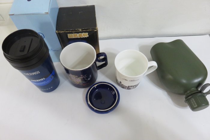 【讓藏】THERMOS 膳魔師冷熱兩用保溫杯+伯朗咖啡杯+藍釉瓷杯+軍用水壺4件一起賣