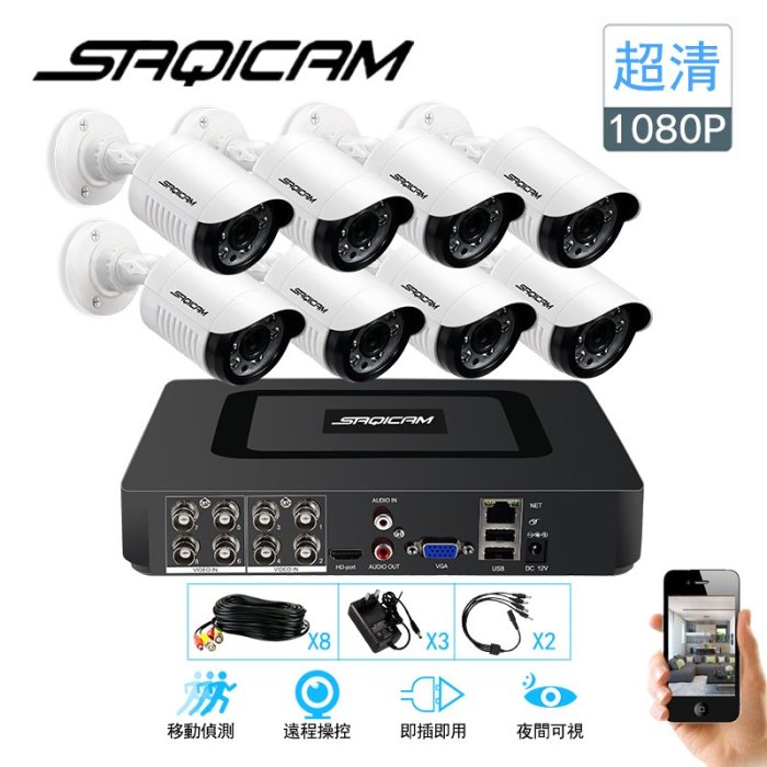 Saqicam 8路5MP錄影主機DVR 監視器套餐 1080P*8監控攝影機 30米紅外線夜視 APP操控 免運