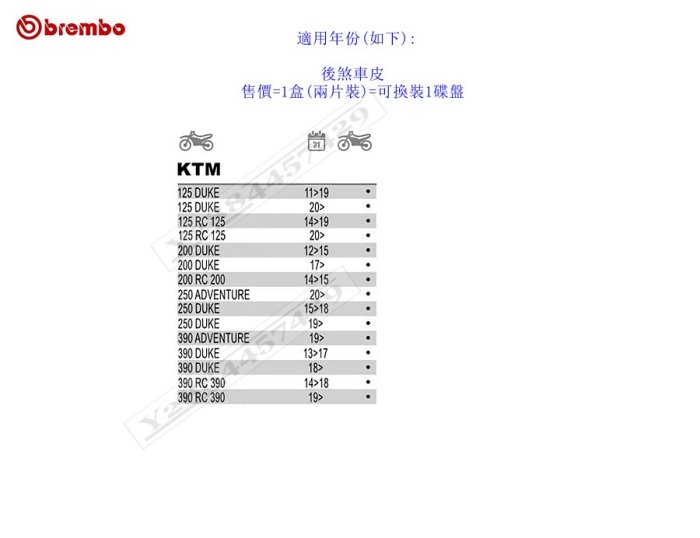 後煞車皮 Brembo KTM RC390 RC200 RC125 後剎車片 後來令片後來另RC 390 200 125