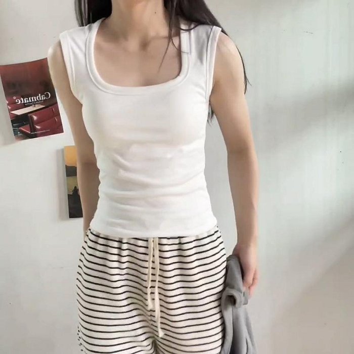 白色方領小吊帶背心女春夏季內搭顯瘦遮副乳無袖修身上衣辣妹外穿~優優精品店