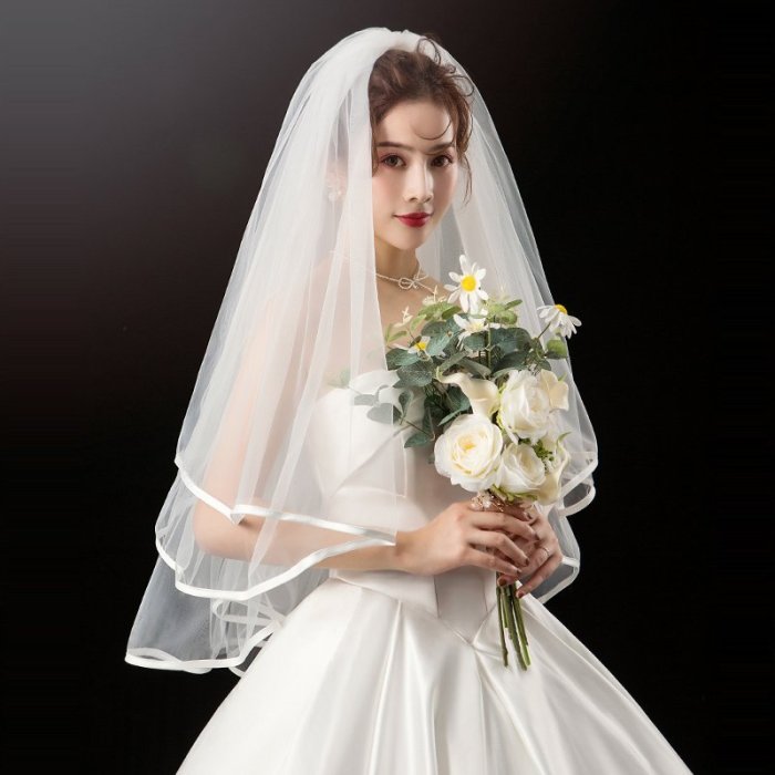 頭紗韓式新娘蓬蓬頭紗多層婚紗新款結婚包邊頭紗簡約短款韓式旅拍頭紗-雙喜生活館