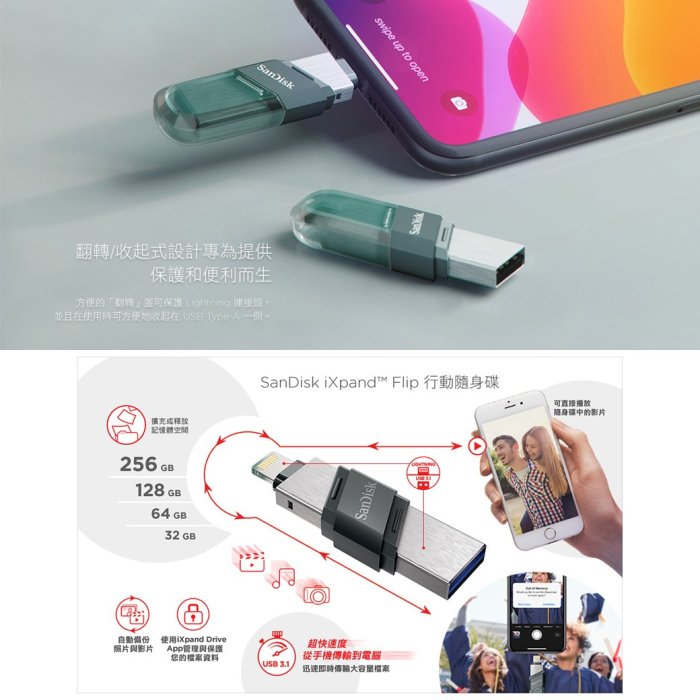 SanDisk 64GB 64G iXpand Flash Drive Flip 隨身碟 IPHONE 蘋果 OTG