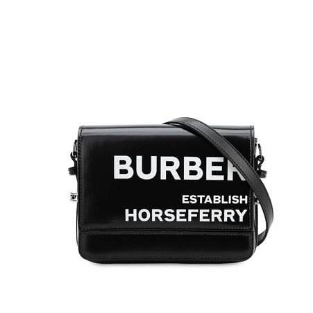 Burberry horse ferry 白字logo黑色皮革斜背包