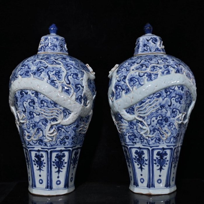 古瓷器古董瓷器元代青花留白雕刻龍紋八方梅瓶（59×26cm）1600一對-3964