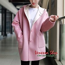 VENESSA~ MD 休閒減齡棉花糖色調 手工雙面呢 寬鬆直筒兩面穿連帽大衣外套 6色 (V1306)