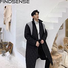 FINDSENSE 2019 秋冬上新 G19  菱形格紋可拆卸中長款連帽防寒棉衣棉服男裝百搭寬鬆休閒外套