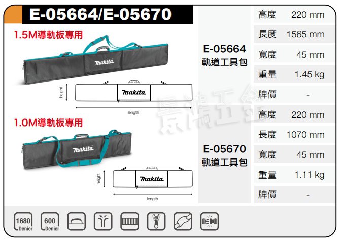 宜昌(景鴻) 公司貨 MAKITA 牧田 E-05670 軌道工具包 1.0M導軌板專用 工具包 工具袋 軌道包 含稅價