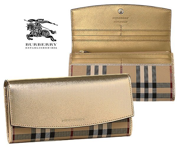 BURBERRY►HORSEFERRY (經典格紋×金色) 防刮真皮兩摺長夾 錢包 皮夾｜100%全新真品｜特價!