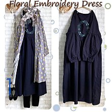 Floral Embroidery Dress 訂製款森林花卉刺繡棉腰間抓皺棉麻洋裝- 深藍黑 Size F