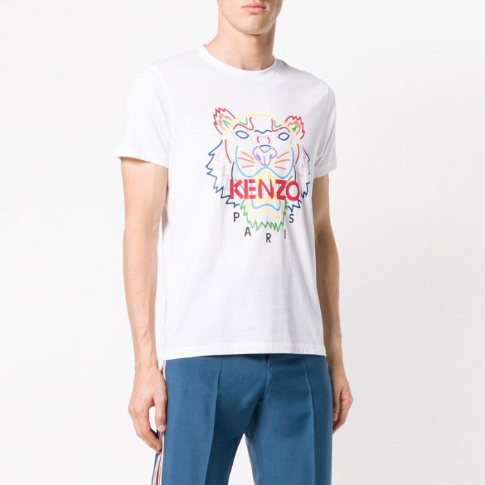 美國百分百【KENZO】高田賢三 T恤 圓領 T-shirt 短袖 logo 虎頭 印圖 白色 上衣 男 S號 J400