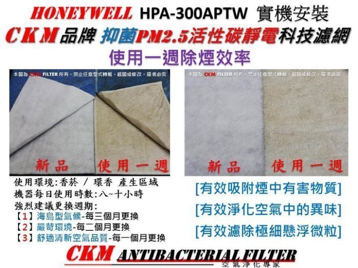 【CKM】適用 Honeywell 抗敏系列 HPA-200APTW 活性碳 抗菌 濾網 同 HRF-R1 非 HEPA