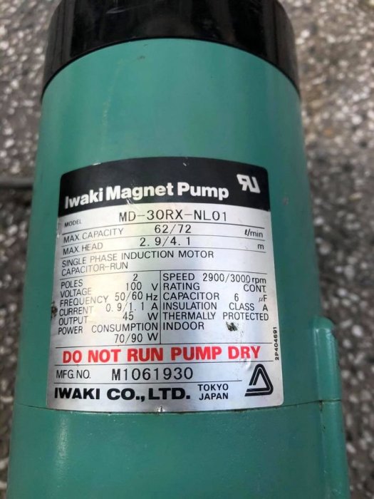 日本外匯原裝9成新IWAKI PUMP MD-30RX-110V大流量無軸封耐酸鹼幫浦-輸送藥水-化學溶劑-管路酸洗製程