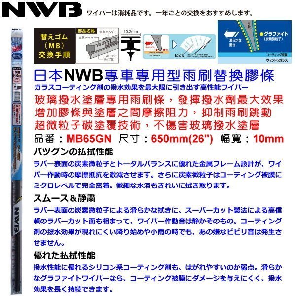 和霆車部品中和館—日本NWB 寬幅10mm專車專用型雨刷 撥水鍍膜專用石墨橡膠雨刷替換膠條 MB65 26" 650mm