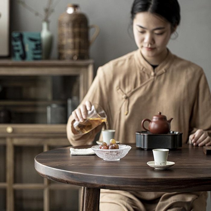 三友社 黑胡桃木圓形茶桌 新中式茶室用整套一桌四椅 茶空間擺放桌mj