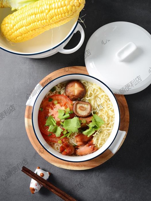 創意北歐泡面碗酸菜魚碗雙耳家用湯碗防燙帶蓋燉盅歐式沙拉碗陶瓷-心願便利店