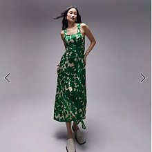 (嫻嫻屋) 英國ASOS-Topshop綠色花卉印花方領寬肩帶繫帶背露美背中長裙洋裝EH23