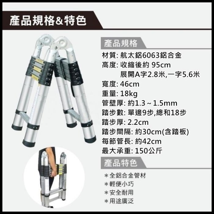 【花蓮源利】1.9米A字 3.2米 關節梯 伸縮梯 工作梯/A字梯/一字梯/人字梯/摺疊梯 樓梯 鋁梯